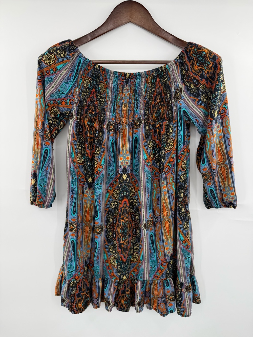Band of Gypsies XS Paisley Smocked Off Shoulder Mini Dress Tunic Boho Ruffle